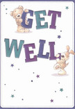 A scene of delight and comfort bursts from this cheerful get well card, reminiscent of the optimism that fills Forest Hill's high street on a sunny morning. Two lovable friends-a cuddly bear and an expressive puppy-spring energetically from the page, each playfully supporting and balancing the vivid letters of 'Get Well.' Indigo and teal hues sweep across the bold text, catching the eye with vibrant contrast against a backdrop that glows with gentle warmth. Sparkling stars in blues and purples twinkle throughout, echoing the hopeful spirit found in surprise flower deliveries across SE23. The illustrated fur of both bear and puppy looks invitingly soft; you can almost feel the soothing embrace they offer. Every element seems chosen to comfort, from the tactile textures to the card's uplifting atmosphere. Sent alongside a thoughtfully crafted bouquet by Forest Hill Florist, this card is sure to bring genuine comfort, offering an emotional balm to anyone recovering, whether on Perry Vale or nestled in a quiet corner near Horniman Gardens.