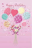 This birthday illustration feels like a joyful day in Forest Hill, captured in pastel hues and gentle movement. The backdrop is a tender, almost blush-pink wash, smooth and comforting, like the inside of a folded card resting on a table near Dartmouth Road. Anchoring the scene is a hand-tied bouquet at the base, its stems wrapped neatly in a glimmering violet bow that curves softly as if made of satin. The flowers overflow with charm: petite roses and daisy-like and anemone-style blossoms cluster closely, their petals layered and slightly ruffled. Cream, blush pink, and delicate mauve tones blend into one another, suggesting a soft, sweet fragrance and the skilled touch of a local florist. From this bouquet, a playful cluster of balloons rises, as though gently tugging the flowers upward towards the skies over Horniman Gardens on a birthday afternoon. Each balloon has its own spirited design-whimsical candy stripes that twist and dance, confetti-like polka dots, dreamy swirls, and tiny floral prints. A heart-shaped balloon sits proudly near the centre, glowing in warm pinks and lilacs, radiating affection and celebration. Pastel shades of sea green, lavender, lemon yellow, and rose weave together without clashing, unified by the soft, diffused light that seems to wash over the scene. Highlights sparkle on the glossy balloon surfaces, while shadows beneath the petals give depth and presence to the bouquet. Small butterflies and scattered star motifs float around the arrangement, infusing it with a hint of fairy-tale wonder. The overall feeling is one of light-hearted joy and tender thoughtfulness-the sort of card you might pair with a freshly arranged birthday bouquet delivered to a loved one right here in Forest Hill.