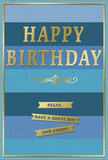 The image shows a tastefully designed birthday card that blends soothing blues with soft, radiant gold, creating an atmosphere of understated celebration. The card's surface is divided horizontally into broad bands of blue, each stripe shifting slightly in tone-from a dark, almost midnight navy at the top through cooler teal and ocean shades, finally arriving at a gentle, sky-like blue at the bottom. This layered effect suggests depth and calm, like watching clouds drift above Forest Hill's tree-lined streets. Centred on these bands, HAPPY BIRTHDAY appears in bold, embossed gold lettering. The capital letters are tall and confident, yet their metallic finish gleams in a refined, controlled way, never glaring. Beneath the main text, a delicate gold flourish stretches outward in a symmetrical curl, adding a sense of movement and a hint of vintage charm. Just below, three tidy gold banners run horizontally, each carrying part of the message: Relax, have a great day and enjoy! The banners and lettering are all lightly raised, creating a satisfying tactile contrast against the velvety matte cardstock. A narrow gold border encloses the design, keeping the eye gently guided toward the centre, much like the framing effect of a vase around a bouquet. One can easily imagine this card standing beside freshly delivered birthday flowers on a hallway table in a Forest Hill home, morning light glancing off the gold elements, promising a day of ease, kindness and quietly joyful celebration.